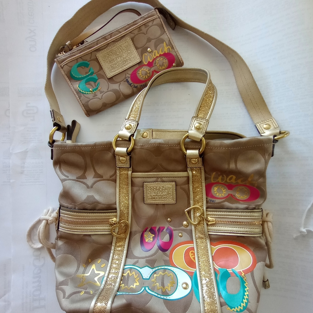 Coach Tan and Gold Crossbody Bag with Colorful Accents
